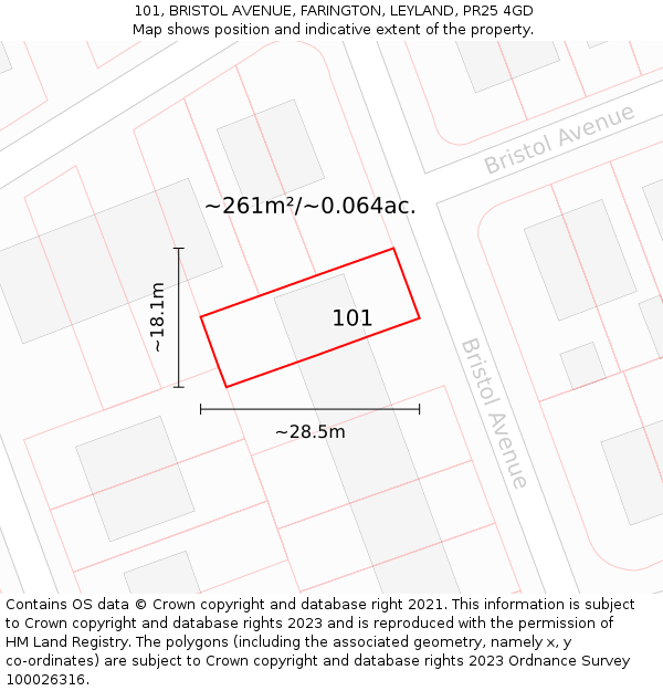 101, BRISTOL AVENUE, FARINGTON, LEYLAND, PR25 4GD: Plot and title map