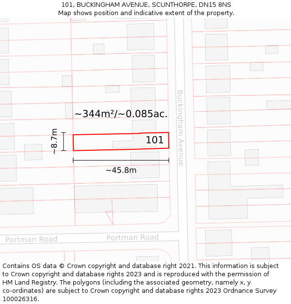 101, BUCKINGHAM AVENUE, SCUNTHORPE, DN15 8NS: Plot and title map