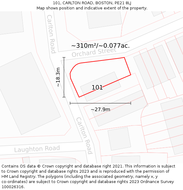 101, CARLTON ROAD, BOSTON, PE21 8LJ: Plot and title map