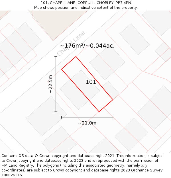 101, CHAPEL LANE, COPPULL, CHORLEY, PR7 4PN: Plot and title map
