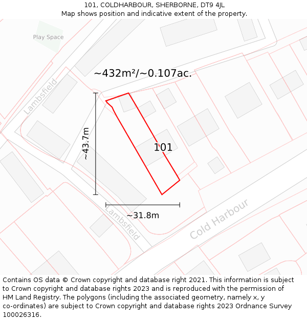 101, COLDHARBOUR, SHERBORNE, DT9 4JL: Plot and title map