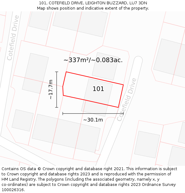101, COTEFIELD DRIVE, LEIGHTON BUZZARD, LU7 3DN: Plot and title map