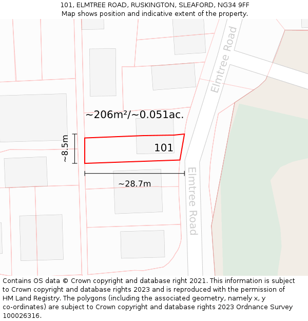 101, ELMTREE ROAD, RUSKINGTON, SLEAFORD, NG34 9FF: Plot and title map