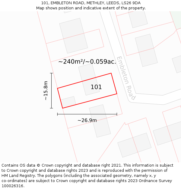 101, EMBLETON ROAD, METHLEY, LEEDS, LS26 9DA: Plot and title map