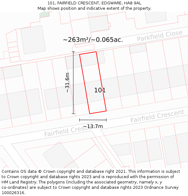 101, FAIRFIELD CRESCENT, EDGWARE, HA8 9AL: Plot and title map