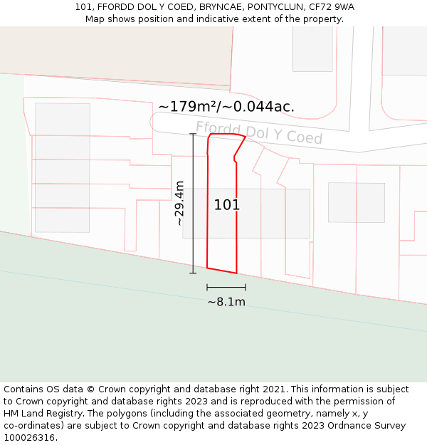 101, FFORDD DOL Y COED, BRYNCAE, PONTYCLUN, CF72 9WA: Plot and title map