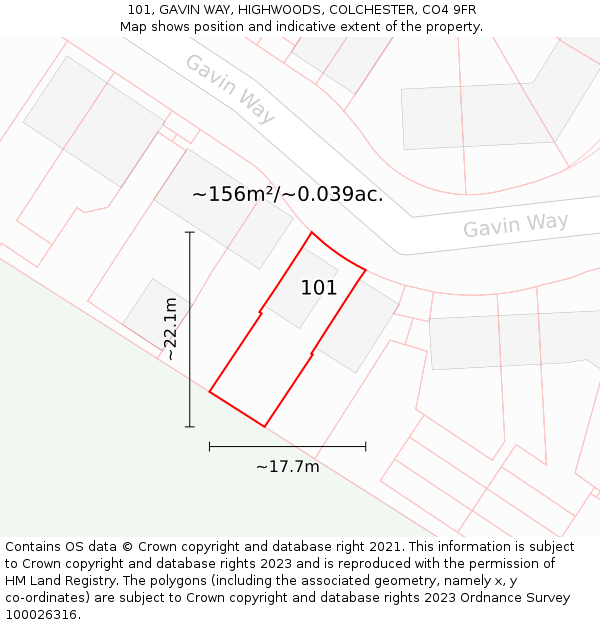 101, GAVIN WAY, HIGHWOODS, COLCHESTER, CO4 9FR: Plot and title map