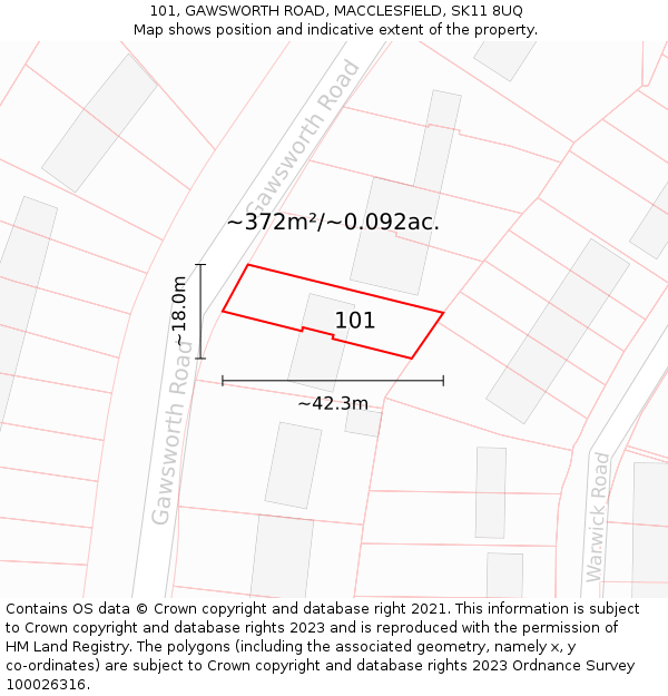101, GAWSWORTH ROAD, MACCLESFIELD, SK11 8UQ: Plot and title map
