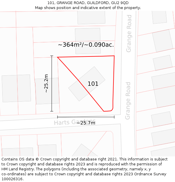 101, GRANGE ROAD, GUILDFORD, GU2 9QD: Plot and title map