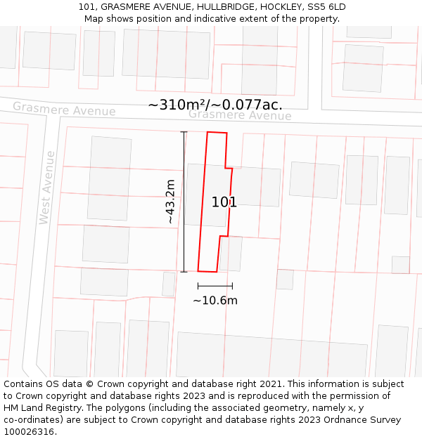 101, GRASMERE AVENUE, HULLBRIDGE, HOCKLEY, SS5 6LD: Plot and title map