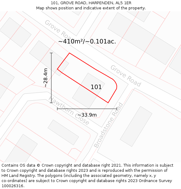 101, GROVE ROAD, HARPENDEN, AL5 1ER: Plot and title map