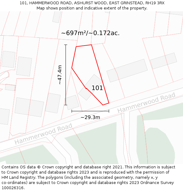 101, HAMMERWOOD ROAD, ASHURST WOOD, EAST GRINSTEAD, RH19 3RX: Plot and title map