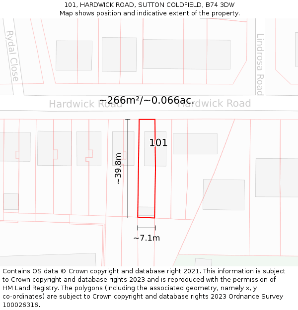 101, HARDWICK ROAD, SUTTON COLDFIELD, B74 3DW: Plot and title map