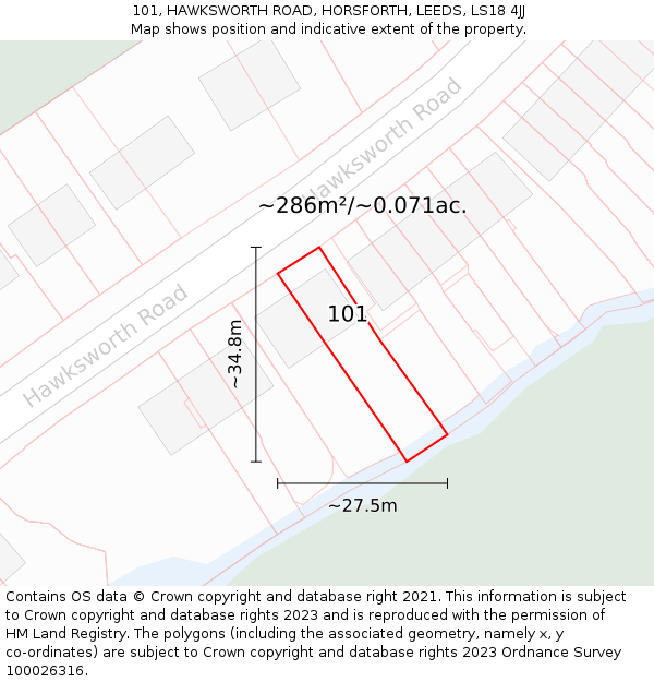 101, HAWKSWORTH ROAD, HORSFORTH, LEEDS, LS18 4JJ: Plot and title map