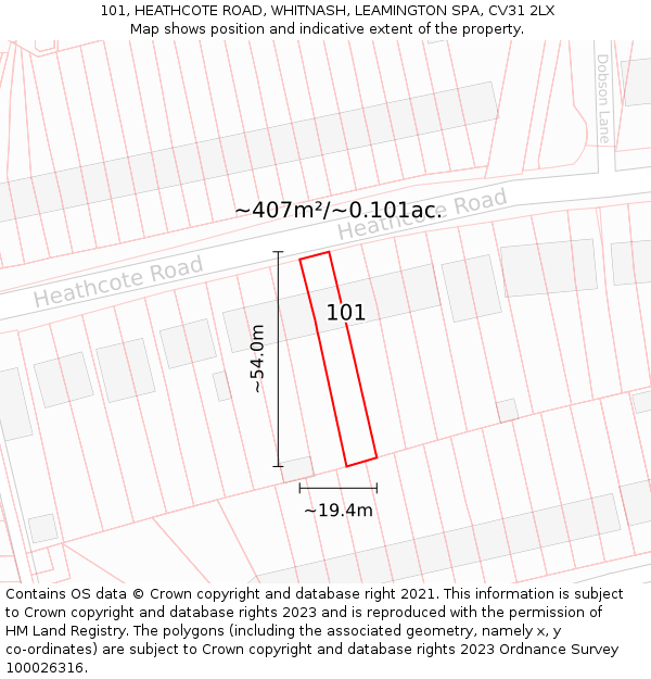 101, HEATHCOTE ROAD, WHITNASH, LEAMINGTON SPA, CV31 2LX: Plot and title map