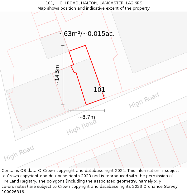 101, HIGH ROAD, HALTON, LANCASTER, LA2 6PS: Plot and title map