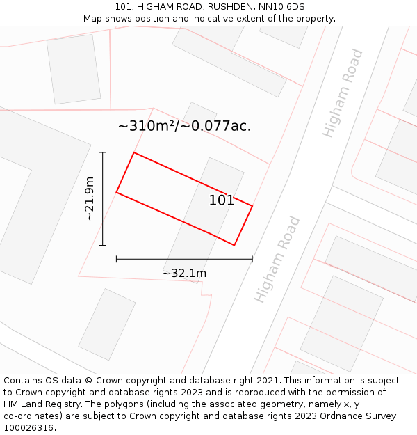 101, HIGHAM ROAD, RUSHDEN, NN10 6DS: Plot and title map