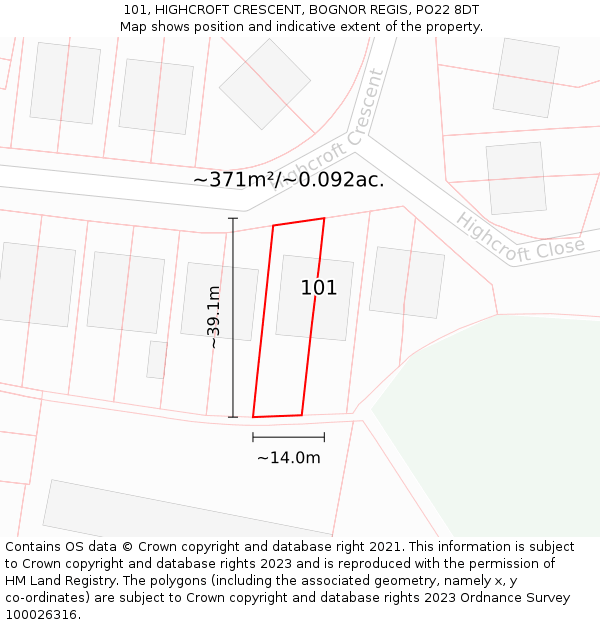 101, HIGHCROFT CRESCENT, BOGNOR REGIS, PO22 8DT: Plot and title map