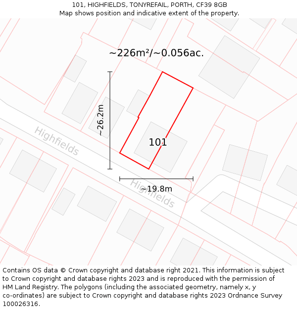 101, HIGHFIELDS, TONYREFAIL, PORTH, CF39 8GB: Plot and title map
