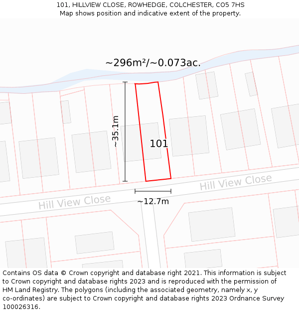 101, HILLVIEW CLOSE, ROWHEDGE, COLCHESTER, CO5 7HS: Plot and title map