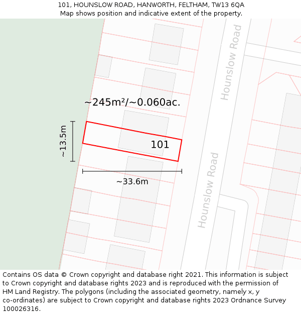 101, HOUNSLOW ROAD, HANWORTH, FELTHAM, TW13 6QA: Plot and title map