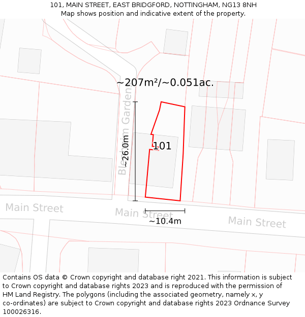101, MAIN STREET, EAST BRIDGFORD, NOTTINGHAM, NG13 8NH: Plot and title map