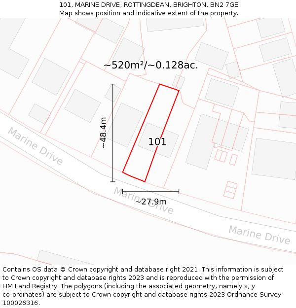 101, MARINE DRIVE, ROTTINGDEAN, BRIGHTON, BN2 7GE: Plot and title map