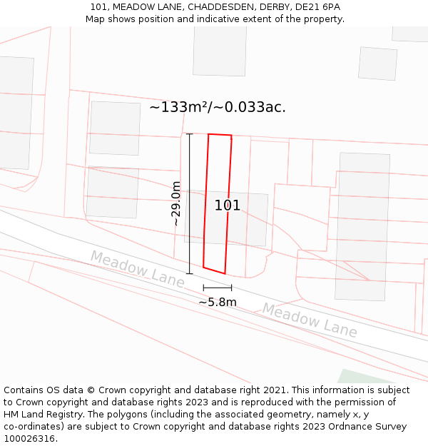 101, MEADOW LANE, CHADDESDEN, DERBY, DE21 6PA: Plot and title map