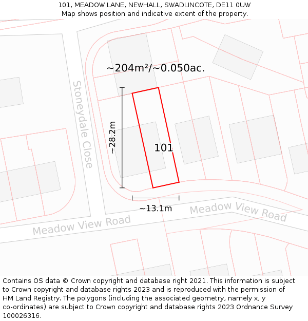 101, MEADOW LANE, NEWHALL, SWADLINCOTE, DE11 0UW: Plot and title map