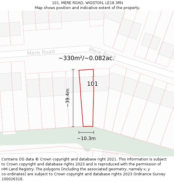 101, MERE ROAD, WIGSTON, LE18 3RN: Plot and title map
