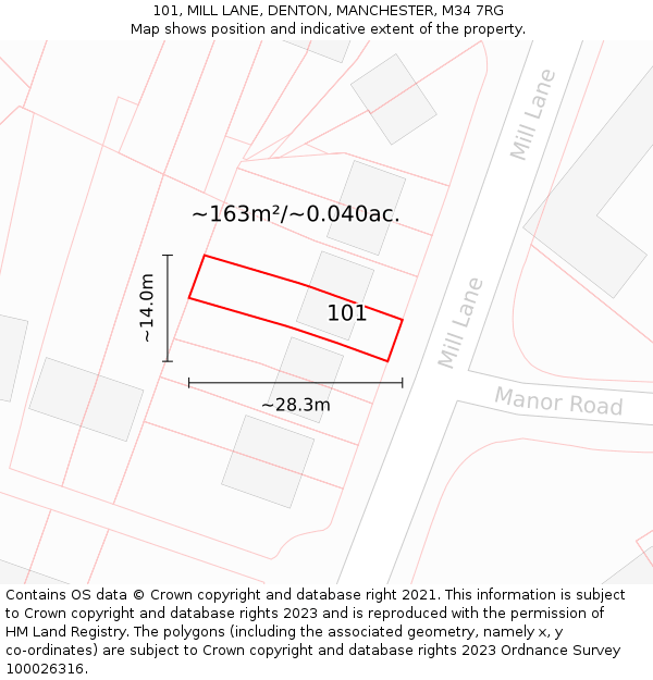 101, MILL LANE, DENTON, MANCHESTER, M34 7RG: Plot and title map