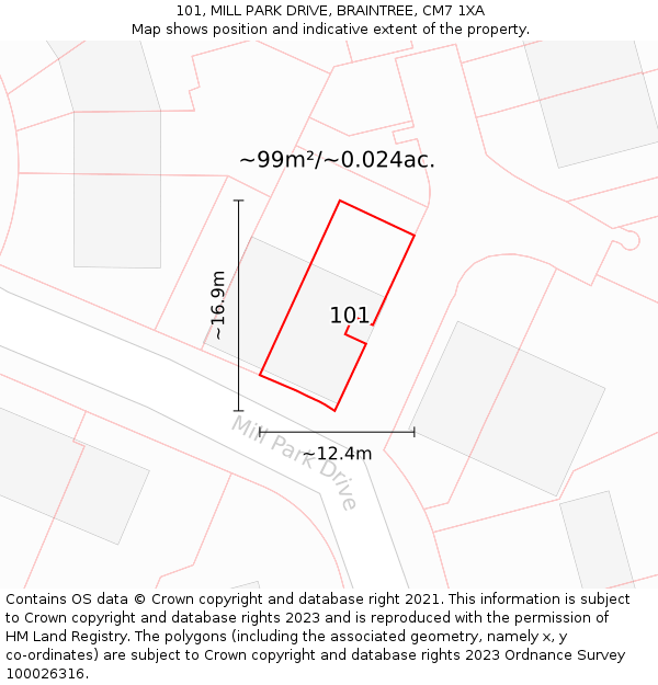 101, MILL PARK DRIVE, BRAINTREE, CM7 1XA: Plot and title map