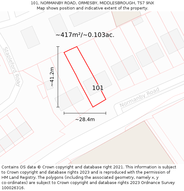 101, NORMANBY ROAD, ORMESBY, MIDDLESBROUGH, TS7 9NX: Plot and title map