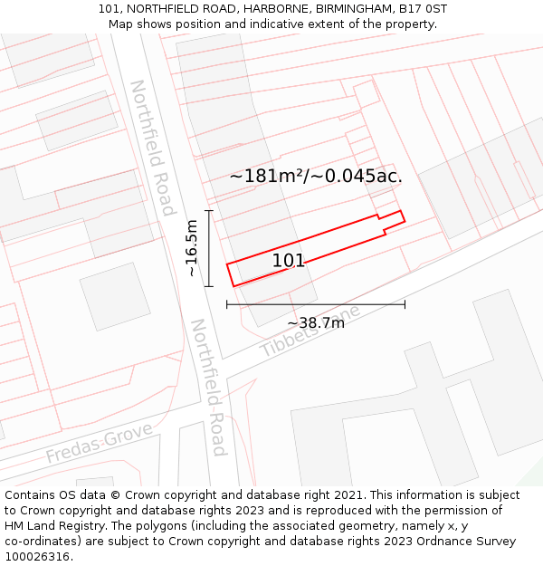 101, NORTHFIELD ROAD, HARBORNE, BIRMINGHAM, B17 0ST: Plot and title map