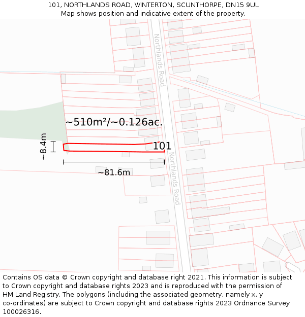 101, NORTHLANDS ROAD, WINTERTON, SCUNTHORPE, DN15 9UL: Plot and title map