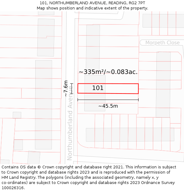 101, NORTHUMBERLAND AVENUE, READING, RG2 7PT: Plot and title map