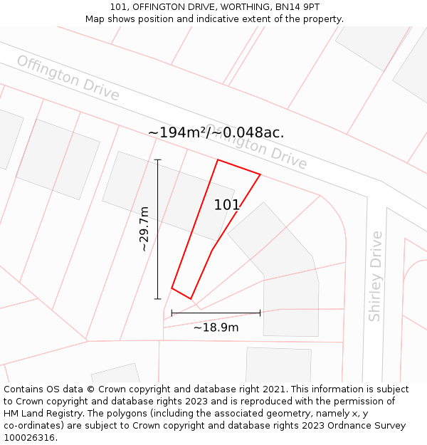 101, OFFINGTON DRIVE, WORTHING, BN14 9PT: Plot and title map