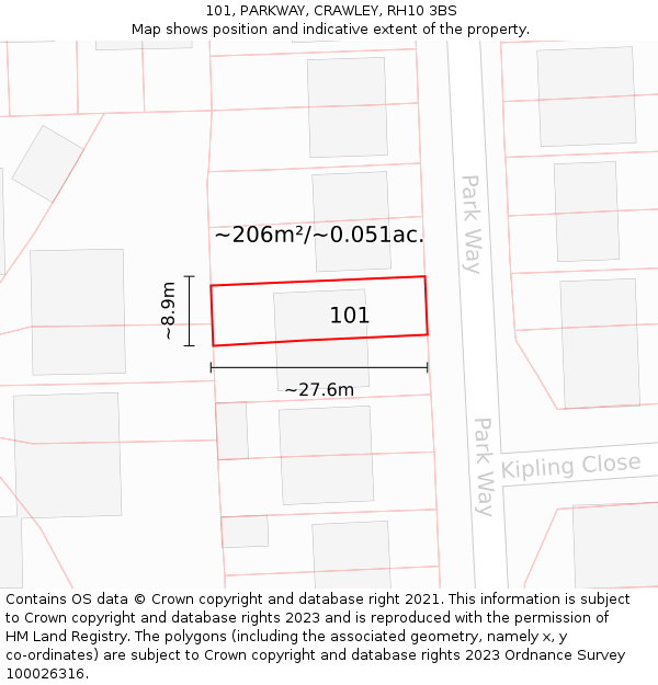101, PARKWAY, CRAWLEY, RH10 3BS: Plot and title map