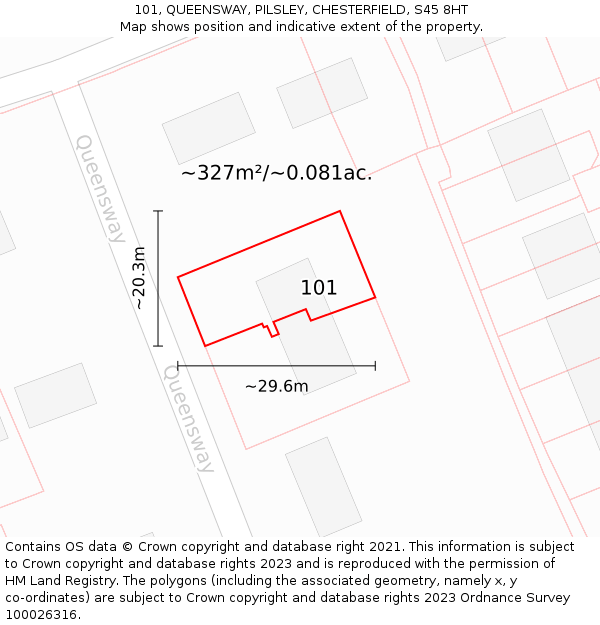 101, QUEENSWAY, PILSLEY, CHESTERFIELD, S45 8HT: Plot and title map