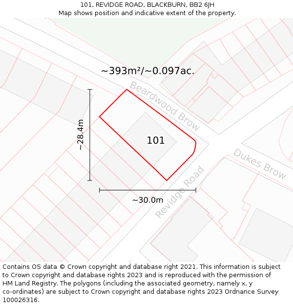 101, REVIDGE ROAD, BLACKBURN, BB2 6JH: Plot and title map