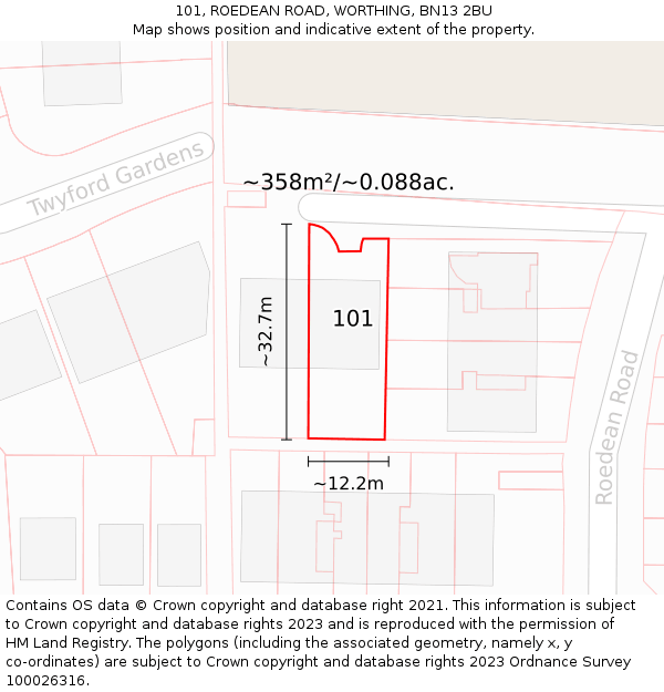 101, ROEDEAN ROAD, WORTHING, BN13 2BU: Plot and title map