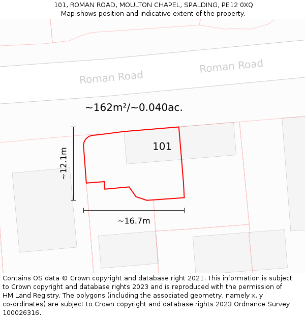 101, ROMAN ROAD, MOULTON CHAPEL, SPALDING, PE12 0XQ: Plot and title map