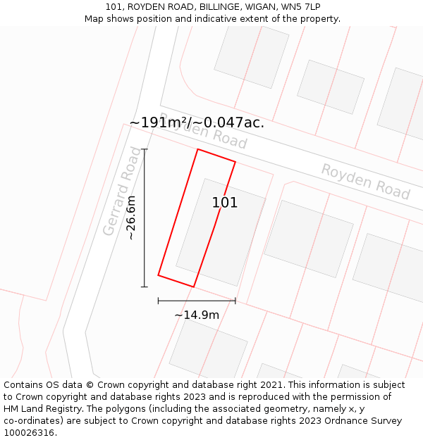 101, ROYDEN ROAD, BILLINGE, WIGAN, WN5 7LP: Plot and title map
