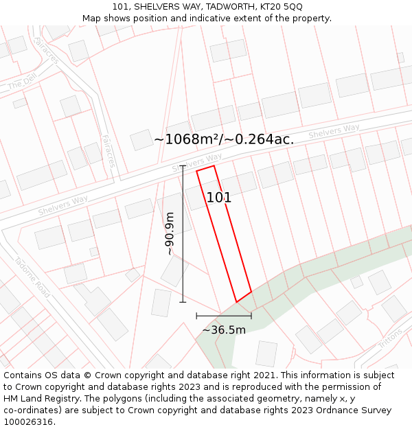 101, SHELVERS WAY, TADWORTH, KT20 5QQ: Plot and title map