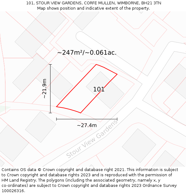 101, STOUR VIEW GARDENS, CORFE MULLEN, WIMBORNE, BH21 3TN: Plot and title map