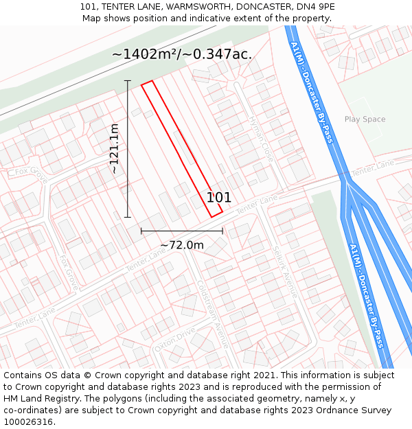 101, TENTER LANE, WARMSWORTH, DONCASTER, DN4 9PE: Plot and title map