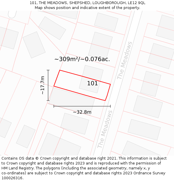 101, THE MEADOWS, SHEPSHED, LOUGHBOROUGH, LE12 9QL: Plot and title map