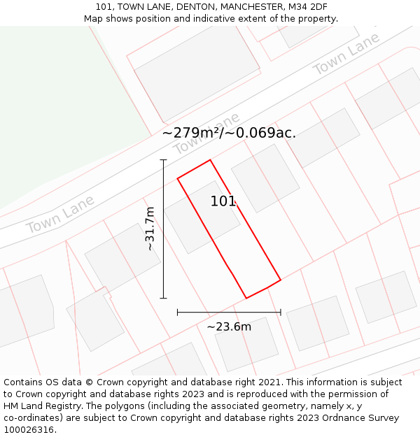 101, TOWN LANE, DENTON, MANCHESTER, M34 2DF: Plot and title map