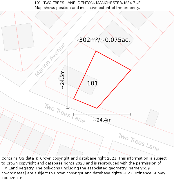 101, TWO TREES LANE, DENTON, MANCHESTER, M34 7UE: Plot and title map