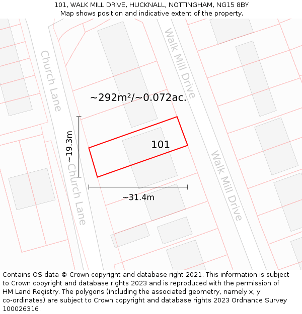 101, WALK MILL DRIVE, HUCKNALL, NOTTINGHAM, NG15 8BY: Plot and title map